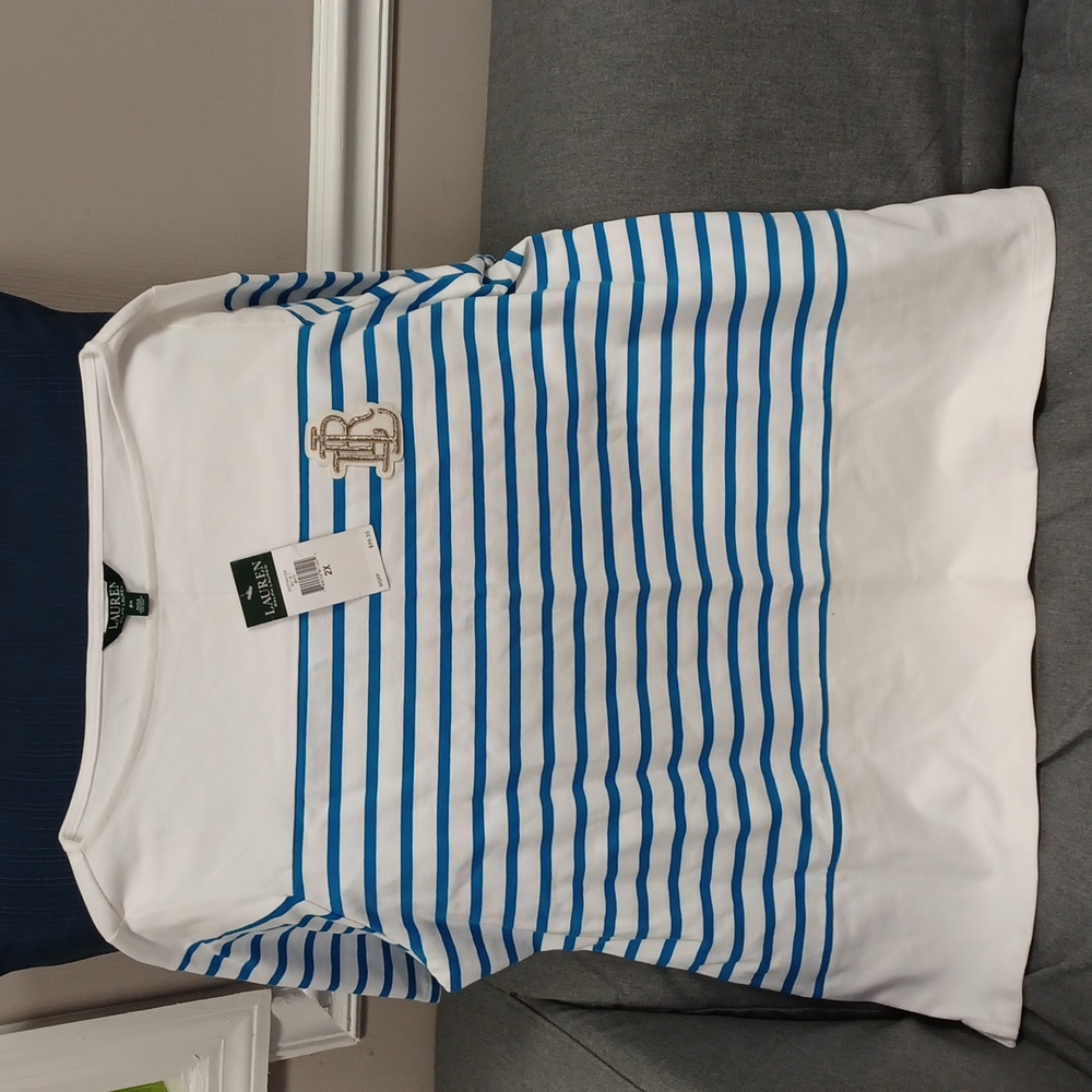 LAUREN Ralph Lauren White & Blue Striped Boatneck Top
